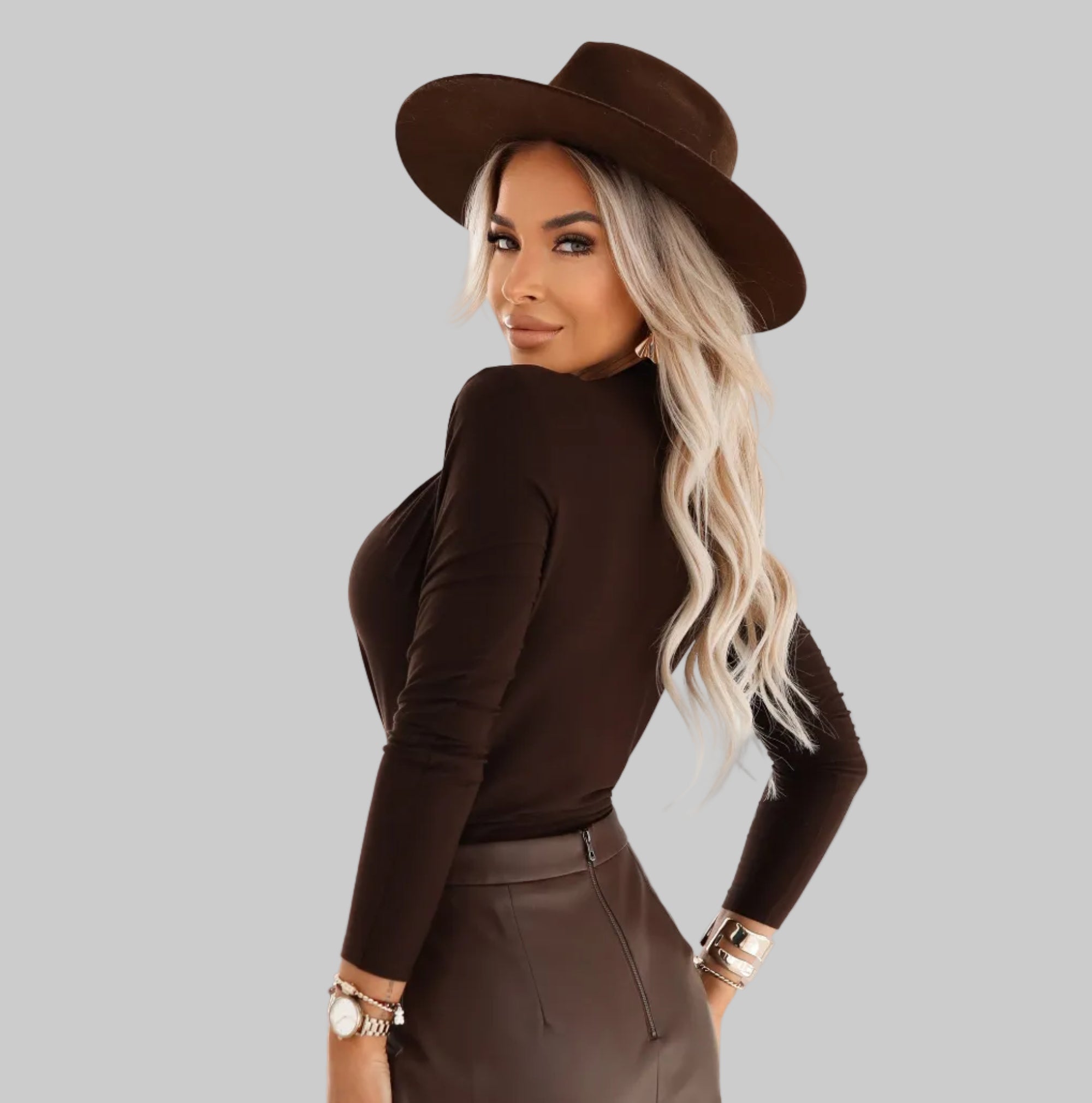 Numoco 375-10 Stylish feminine bodysuit with a wrap neckline - chocolate-2