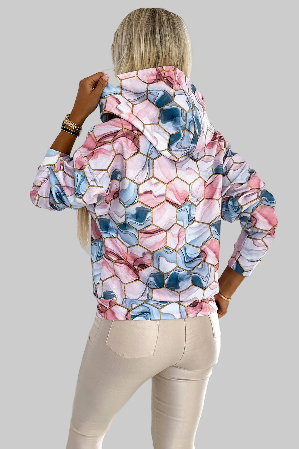 Numoco 390-3 Kangaroo hoodie - golden hexagons and pink and blue marble-2