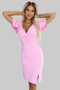 Numoco 479-10 NINA elegant dress with envelope neckline, sleeves and belt - candy pink-0