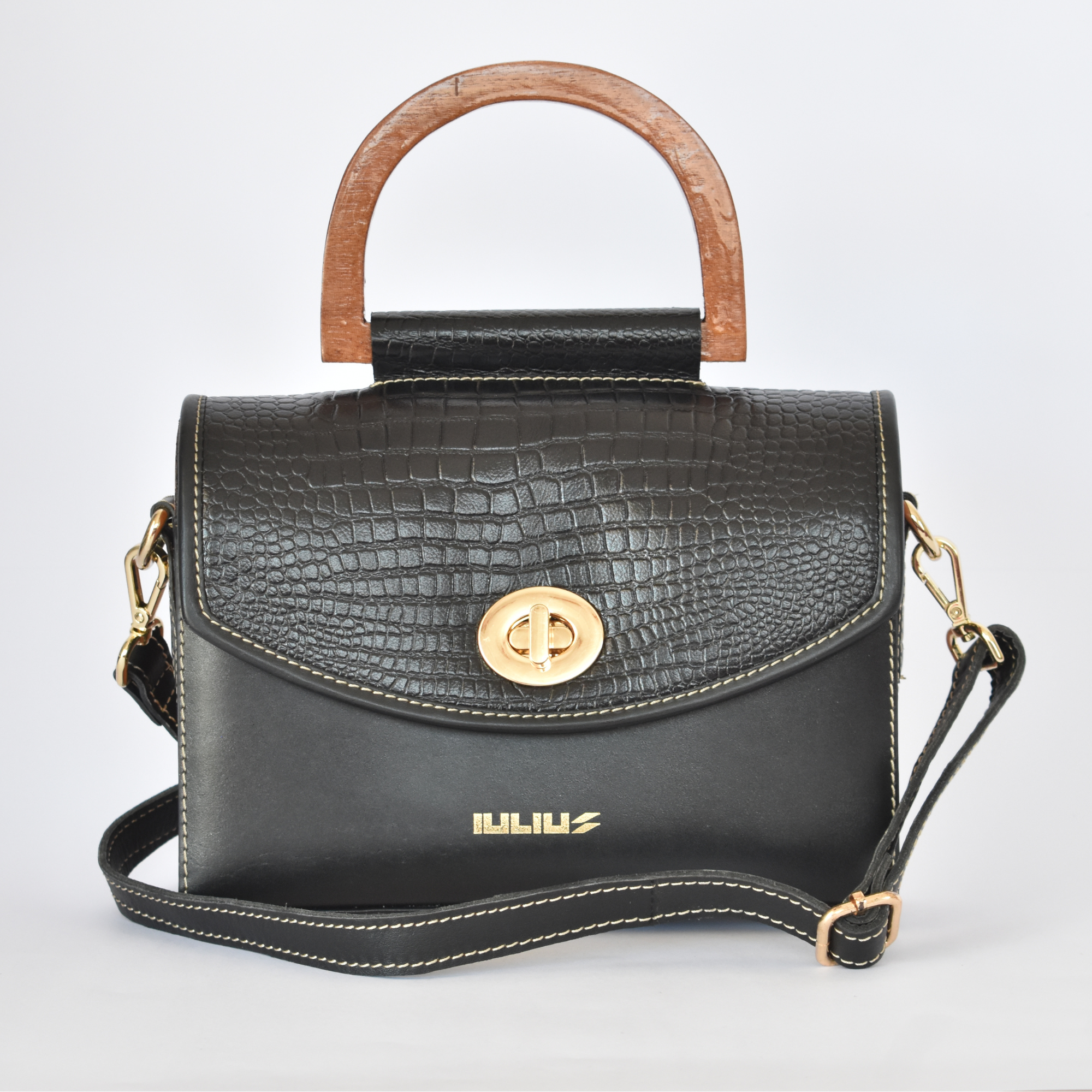 Bolso de Cuero con Solapa patron Cocodrilo  y Laterales de Madera – IULIUS-0