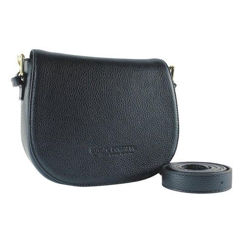 RB1002A | Made in Italy Genuine Leather Shoulder Bag with Removable Leather Shoulder Strap and Shiny Gold Metal Buckle Attachments - Black Color - Size: 26 x 20 x 10 cm.-0