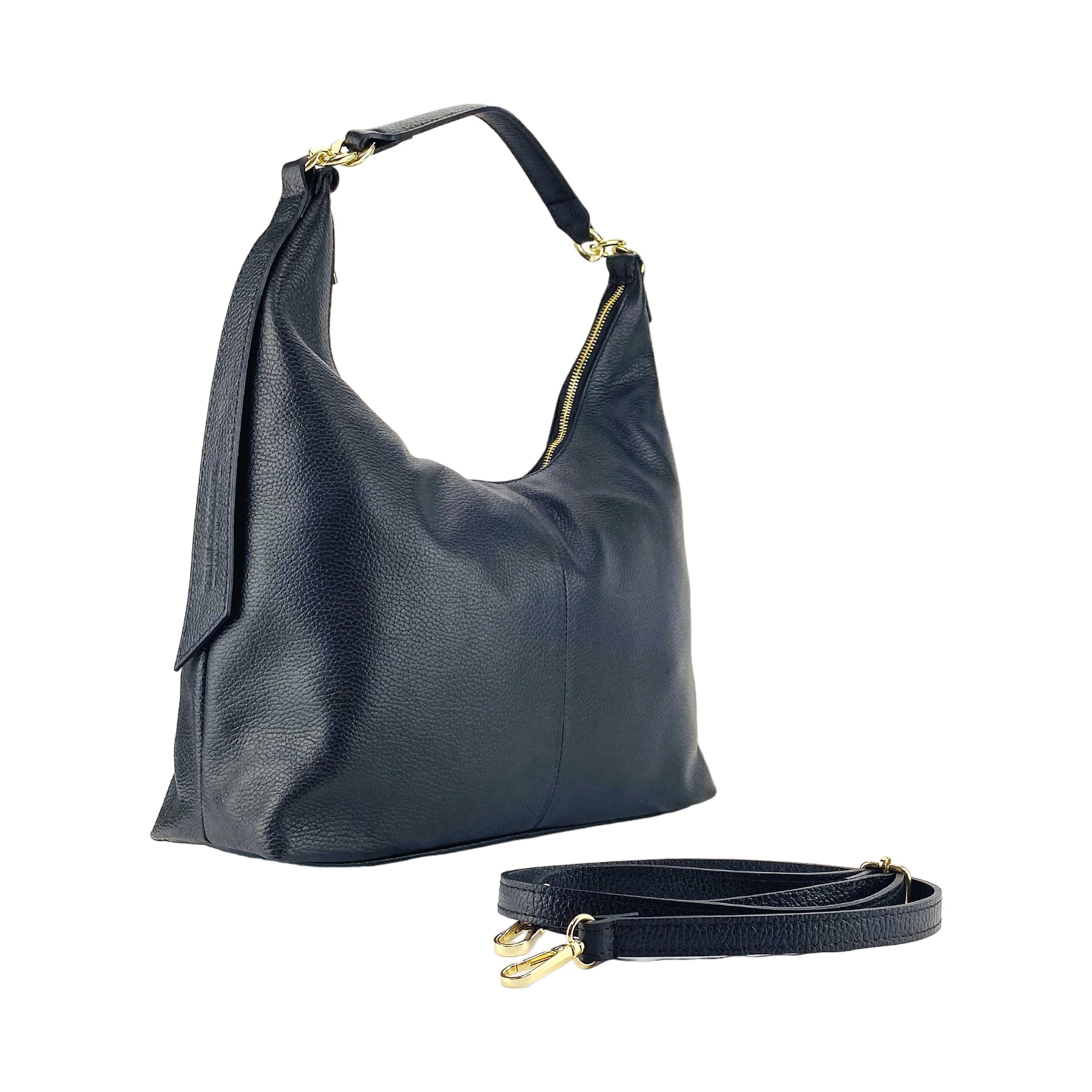 RB1017A | Women's Soft Shoulder Bag in Genuine Leather Made in Italy with a single handle and removable shoulder strap. Attachments with shiny gold metal snap hooks - Color: Black - Dimensions: 36 x 40 x 13 cm-0