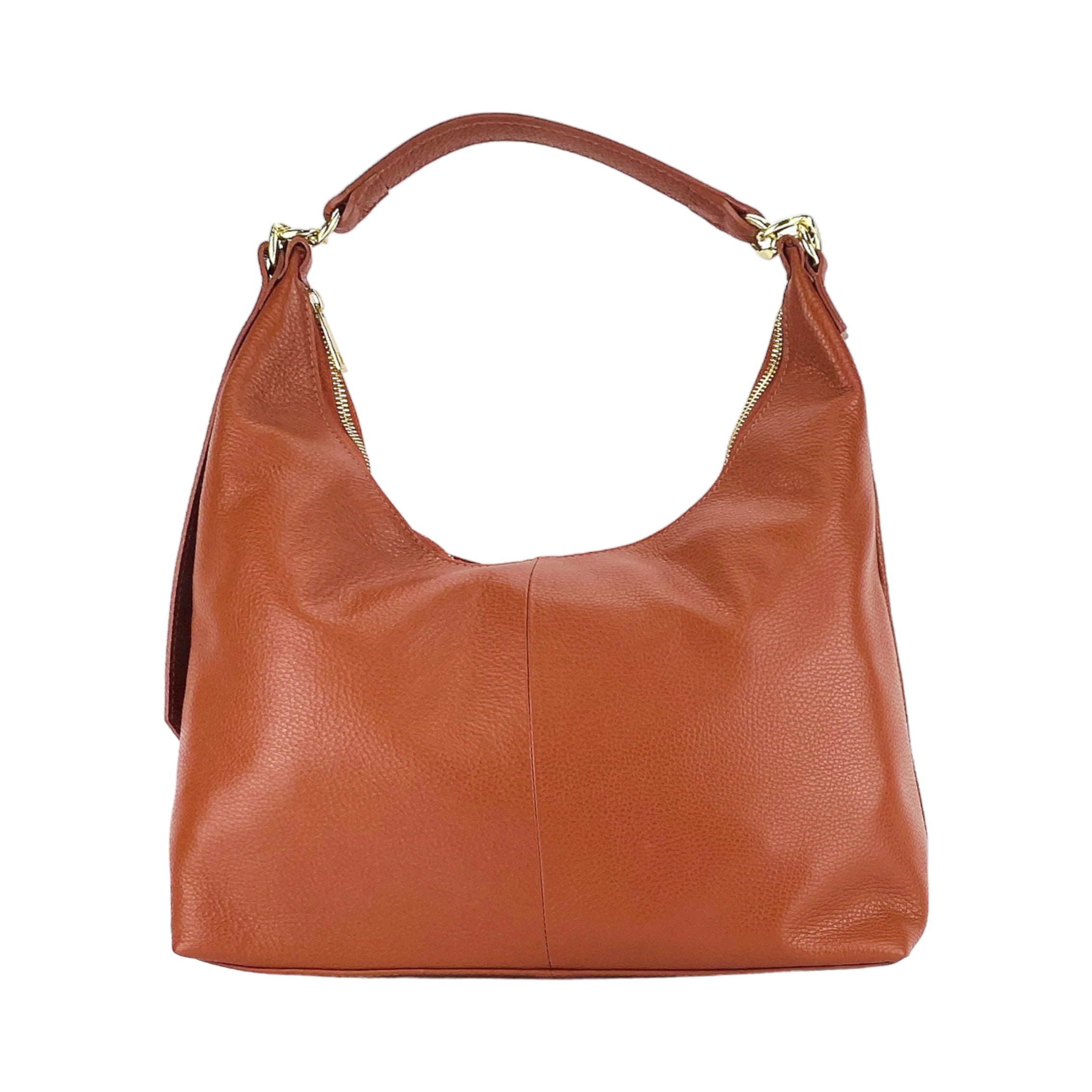 RB1017AM | Women's Soft Shoulder Bag in Genuine Leather Made in Italy with single handle and removable shoulder strap. Shiny Gold metal snap hook attachments - Paprika color - Dimensions: cm 36 x 40 x 13-1
