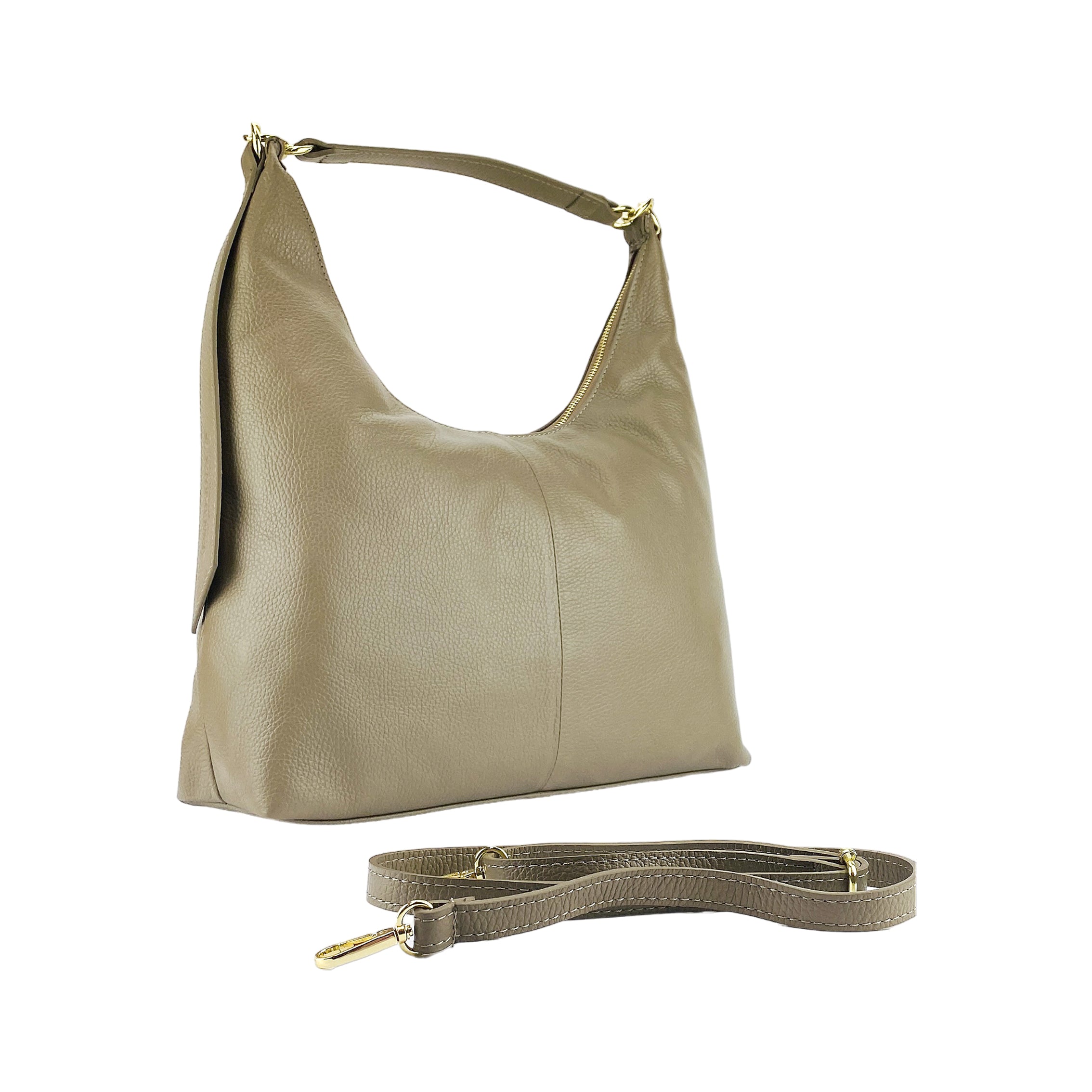 RB1017AQ | Women's Soft Shoulder Bag in Genuine Leather Made in Italy with single handle and removable shoulder strap. Shiny Gold metal snap hook attachments - Taupe color - Dimensions: cm 36 x 40 x 13-0