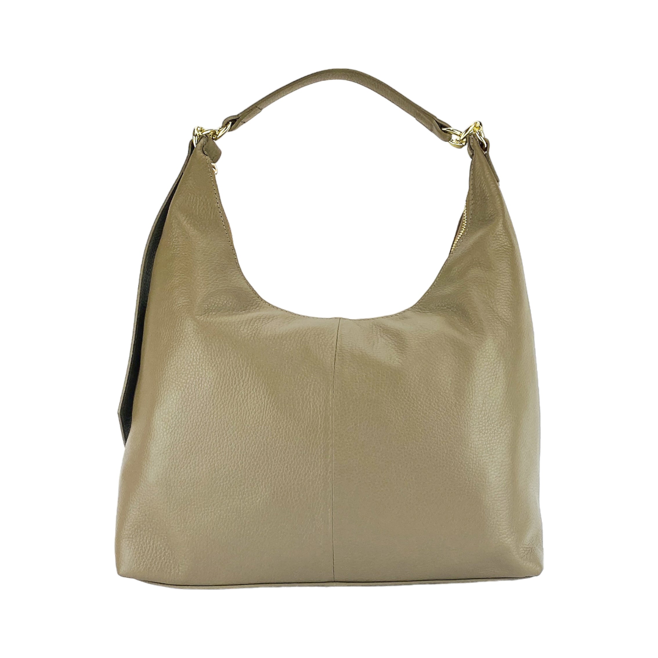 RB1017AQ | Women's Soft Shoulder Bag in Genuine Leather Made in Italy with single handle and removable shoulder strap. Shiny Gold metal snap hook attachments - Taupe color - Dimensions: cm 36 x 40 x 13-1