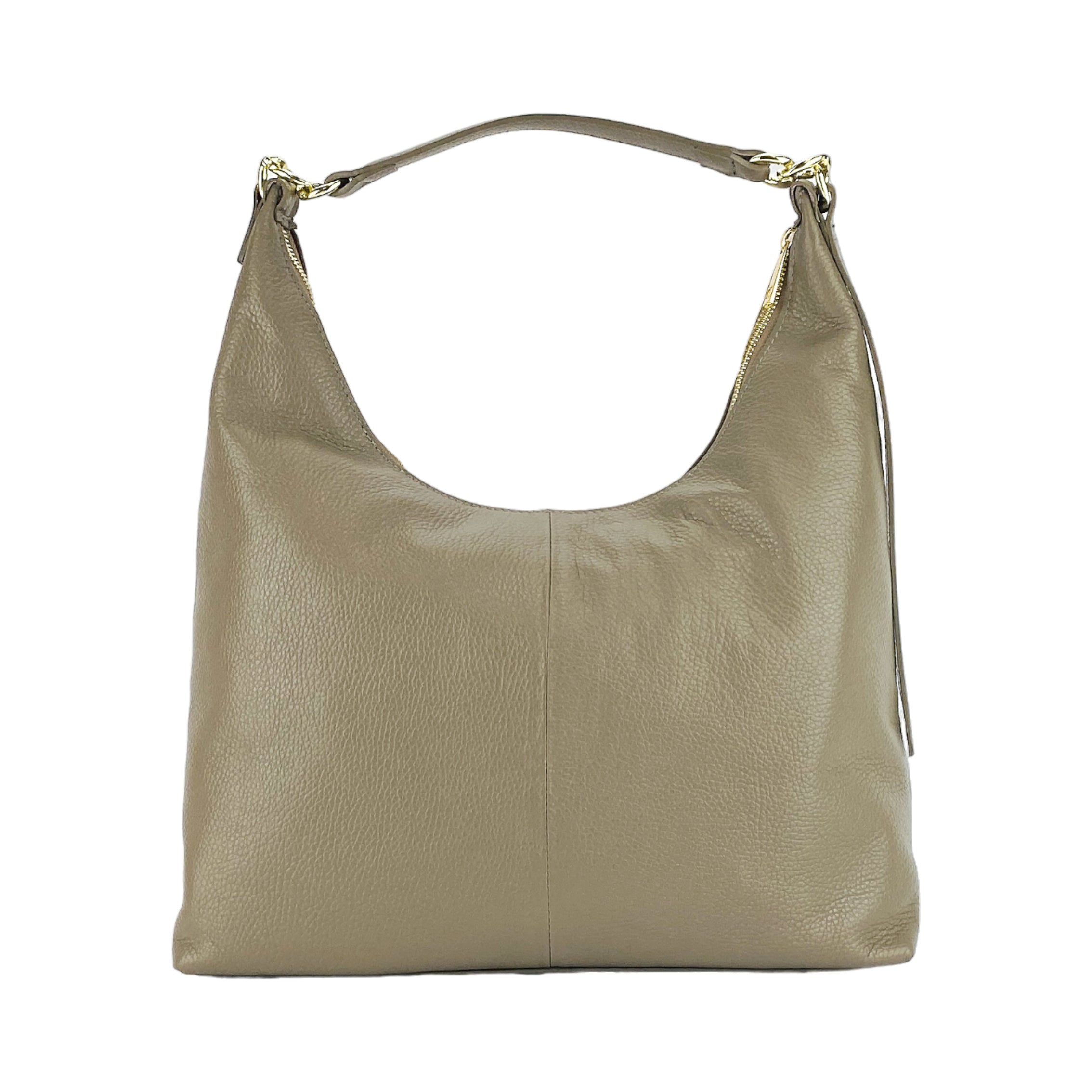 RB1017AQ | Women's Soft Shoulder Bag in Genuine Leather Made in Italy with single handle and removable shoulder strap. Shiny Gold metal snap hook attachments - Taupe color - Dimensions: cm 36 x 40 x 13-2