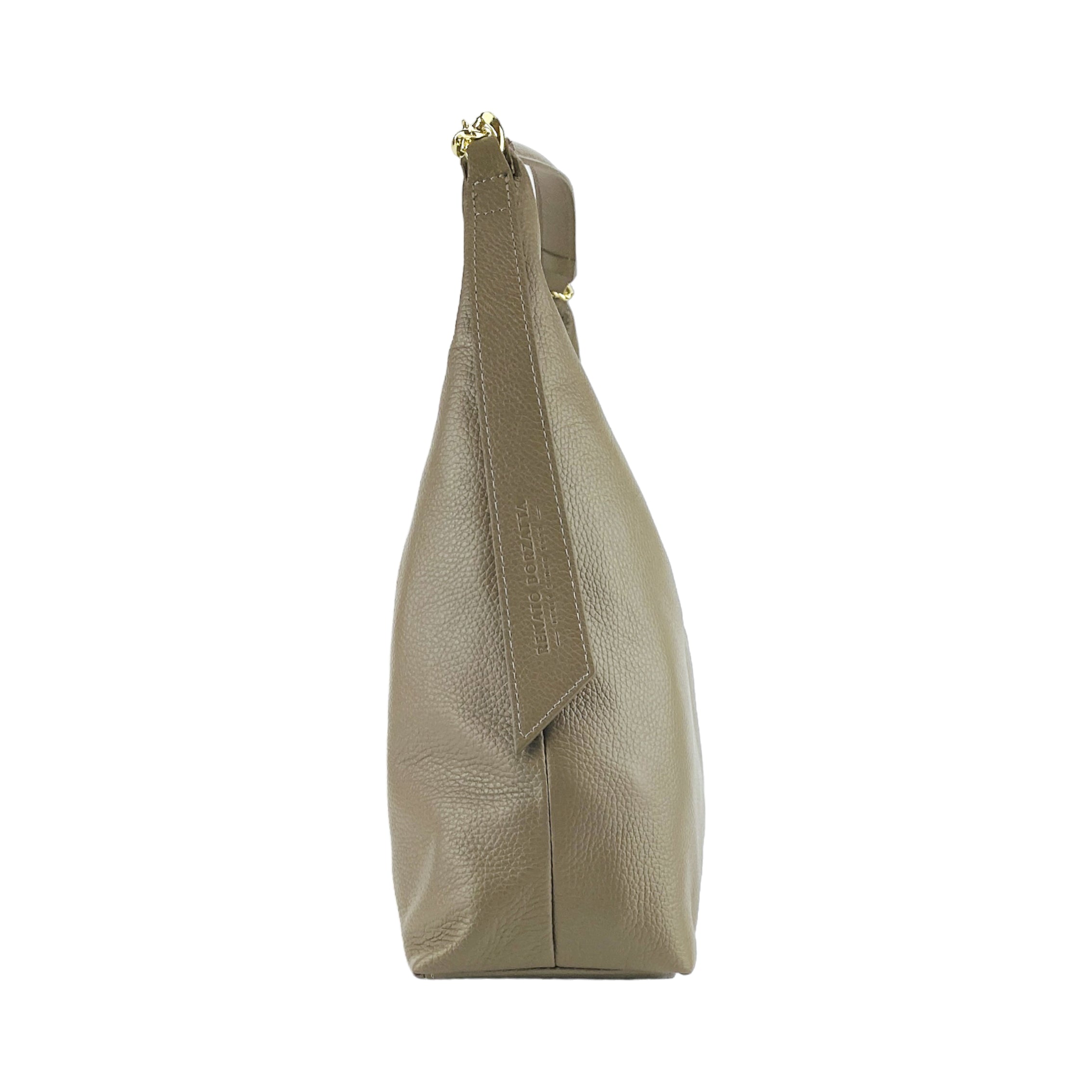 RB1017AQ | Women's Soft Shoulder Bag in Genuine Leather Made in Italy with single handle and removable shoulder strap. Shiny Gold metal snap hook attachments - Taupe color - Dimensions: cm 36 x 40 x 13-3