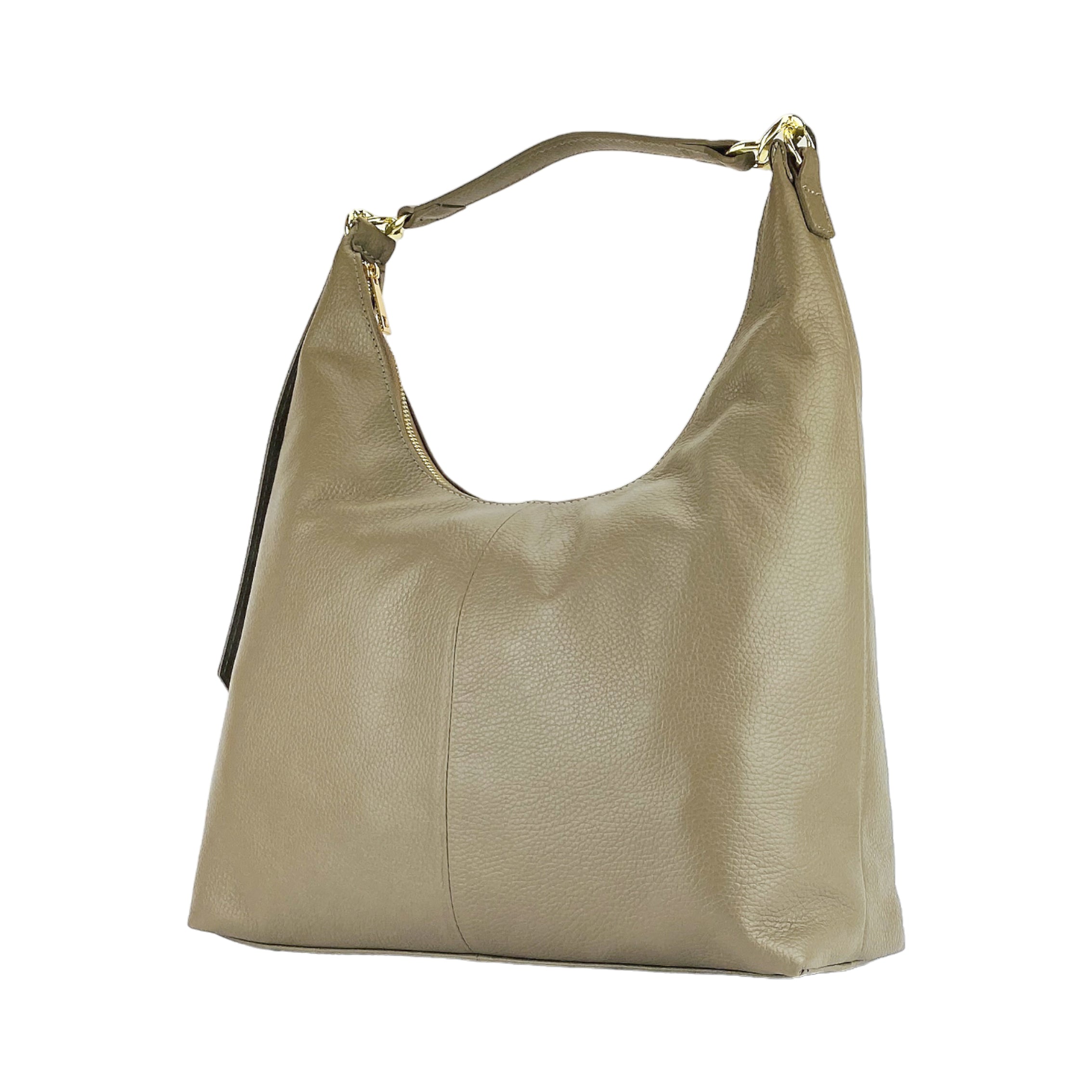 RB1017AQ | Women's Soft Shoulder Bag in Genuine Leather Made in Italy with single handle and removable shoulder strap. Shiny Gold metal snap hook attachments - Taupe color - Dimensions: cm 36 x 40 x 13-4