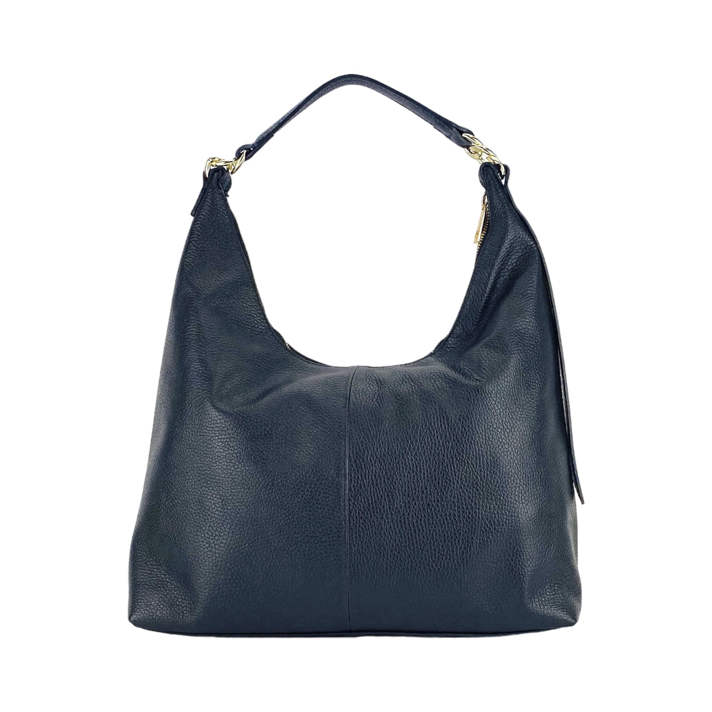 RB1017A | Women's Soft Shoulder Bag in Genuine Leather Made in Italy with a single handle and removable shoulder strap. Attachments with shiny gold metal snap hooks - Color: Black - Dimensions: 36 x 40 x 13 cm-2