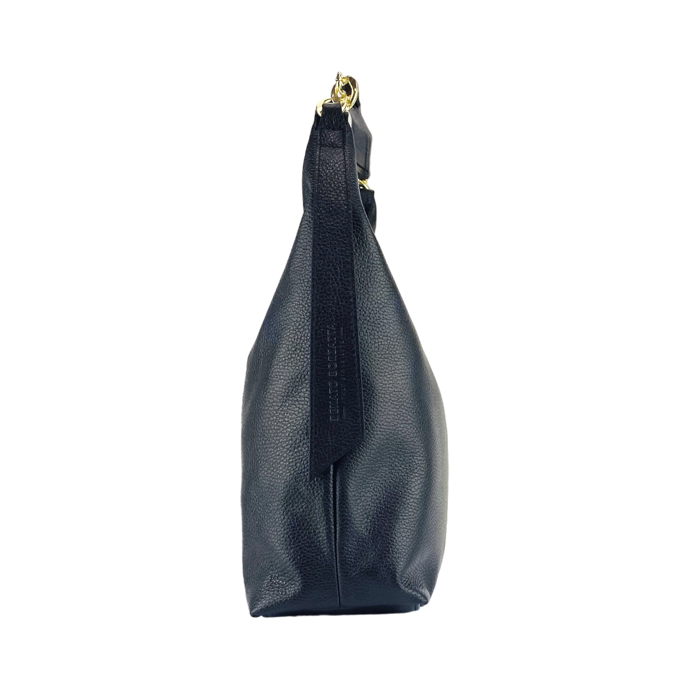 RB1017A | Women's Soft Shoulder Bag in Genuine Leather Made in Italy with a single handle and removable shoulder strap. Attachments with shiny gold metal snap hooks - Color: Black - Dimensions: 36 x 40 x 13 cm-3