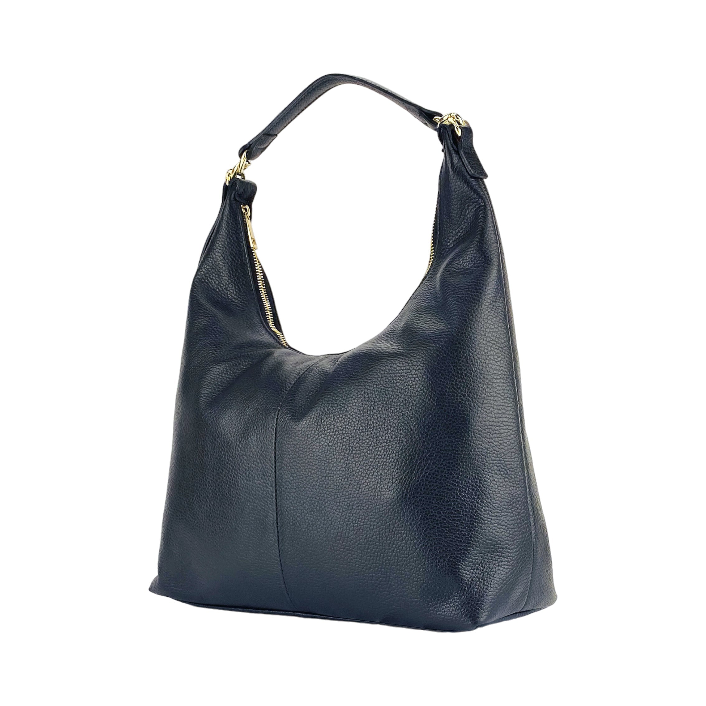 RB1017A | Women's Soft Shoulder Bag in Genuine Leather Made in Italy with a single handle and removable shoulder strap. Attachments with shiny gold metal snap hooks - Color: Black - Dimensions: 36 x 40 x 13 cm-4