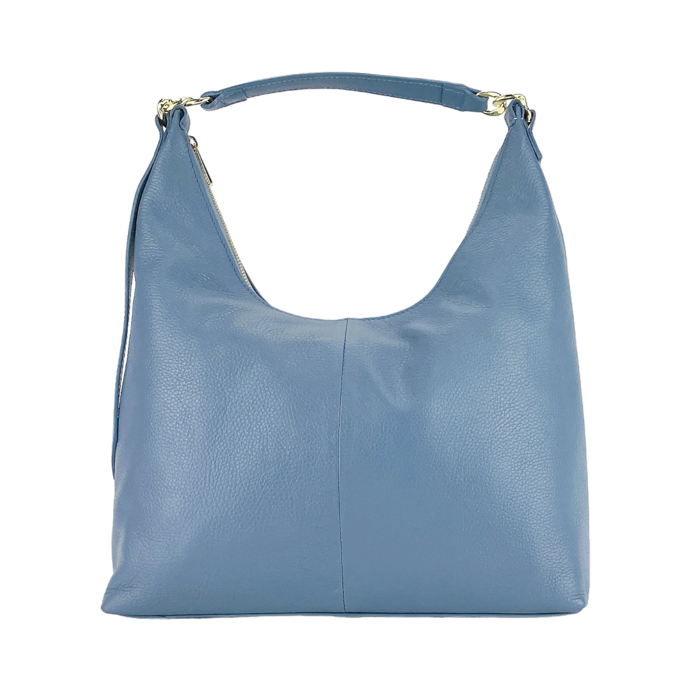 RB1017P | Women's Soft Shoulder Bag in Genuine Leather Made in Italy with removable shoulder strap. Shiny Gold metal snap hook attachments - Avio color - Dimensions: cm 36 x 40 x 13-1