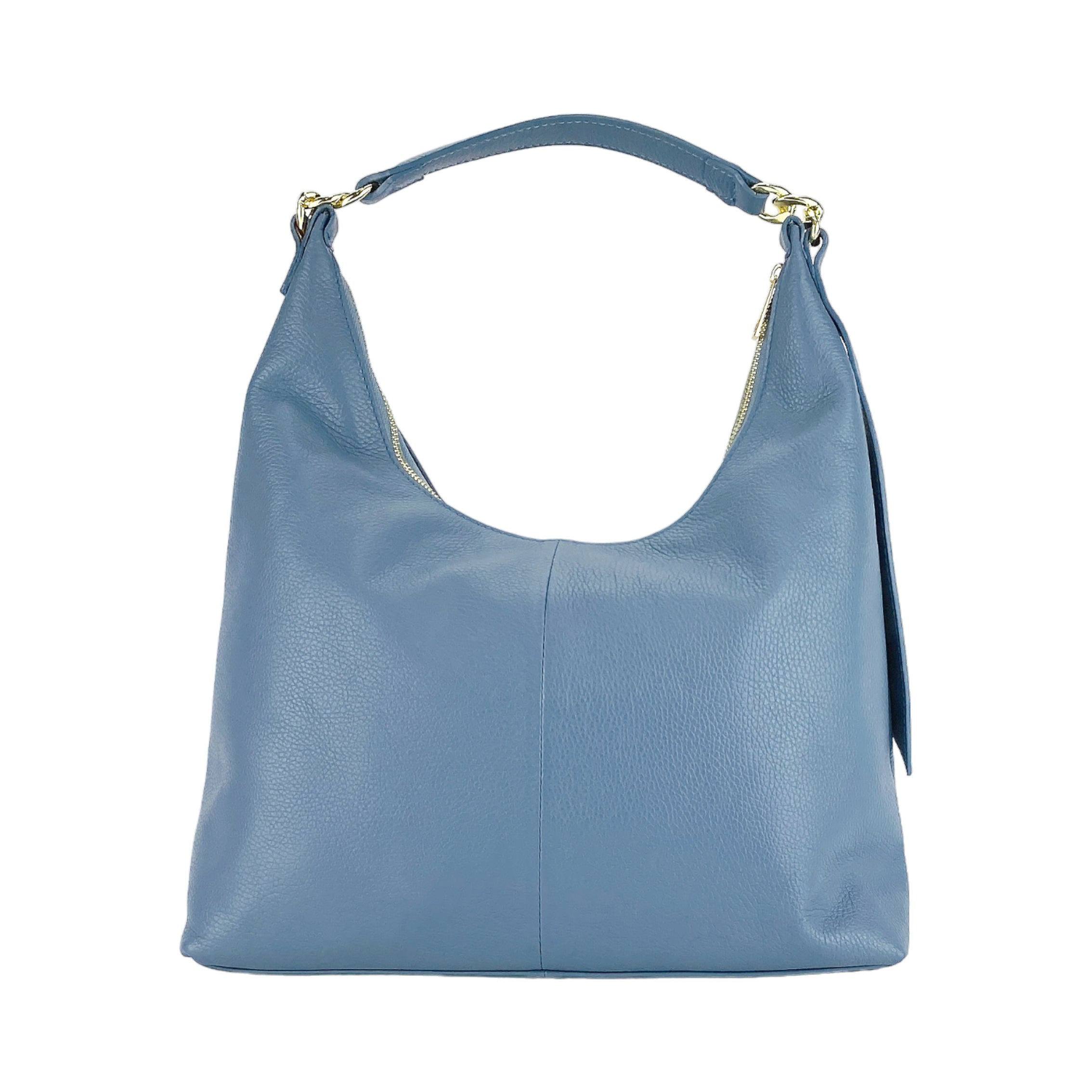 RB1017P | Women's Soft Shoulder Bag in Genuine Leather Made in Italy with removable shoulder strap. Shiny Gold metal snap hook attachments - Avio color - Dimensions: cm 36 x 40 x 13-2