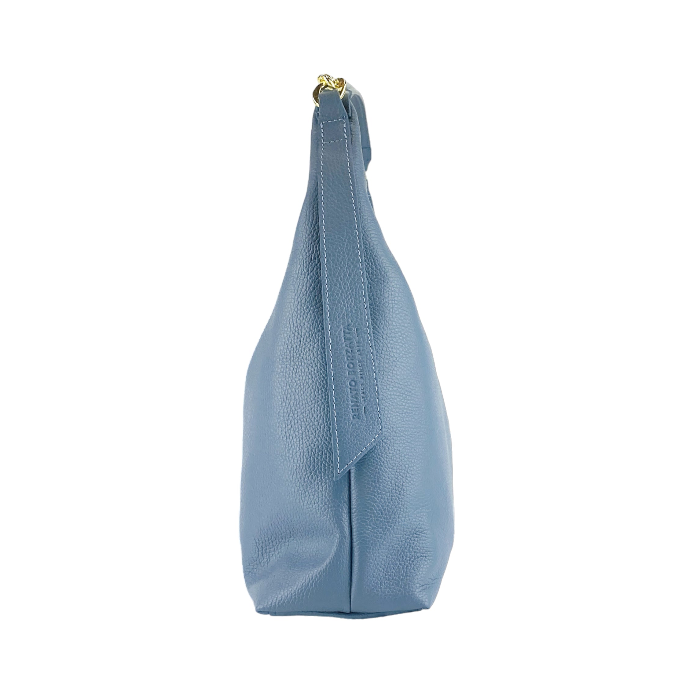 RB1017P | Women's Soft Shoulder Bag in Genuine Leather Made in Italy with removable shoulder strap. Shiny Gold metal snap hook attachments - Avio color - Dimensions: cm 36 x 40 x 13-3