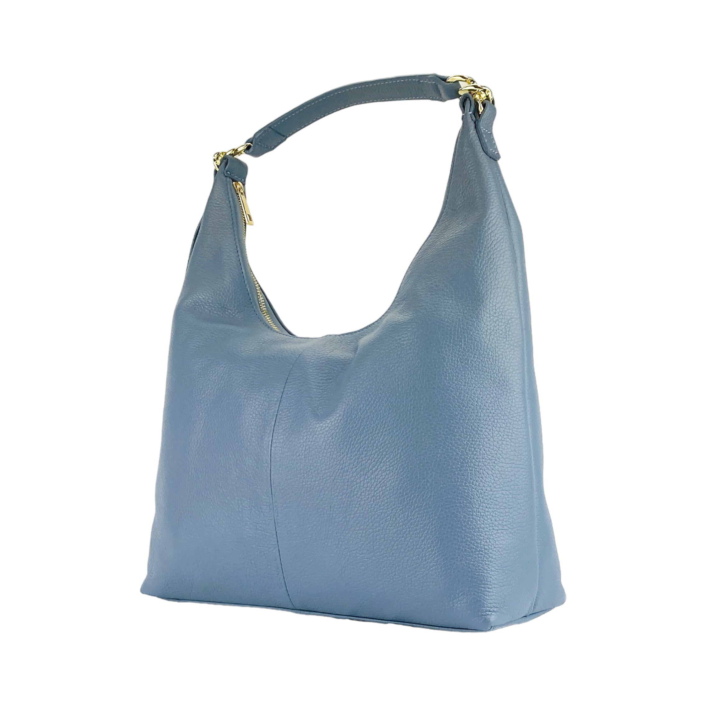RB1017P | Women's Soft Shoulder Bag in Genuine Leather Made in Italy with removable shoulder strap. Shiny Gold metal snap hook attachments - Avio color - Dimensions: cm 36 x 40 x 13-4