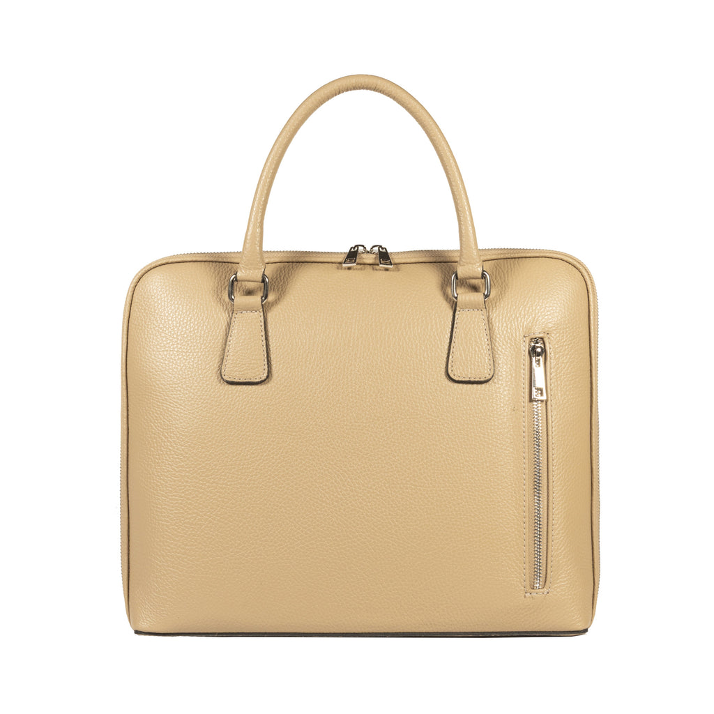 RB1019AQ | Made in Italy Genuine Leather Unisex Business Briefcase with removable shoulder strap. Polished Nickel metal snap hook attachments - Taupe color - Dimensions: cm 37 x 29 x 6.5-2