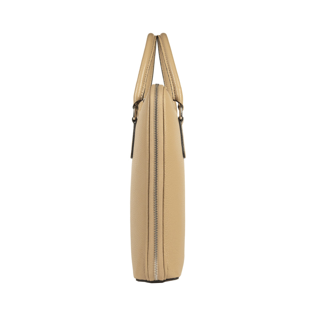 RB1019AQ | Made in Italy Genuine Leather Unisex Business Briefcase with removable shoulder strap. Polished Nickel metal snap hook attachments - Taupe color - Dimensions: cm 37 x 29 x 6.5-3