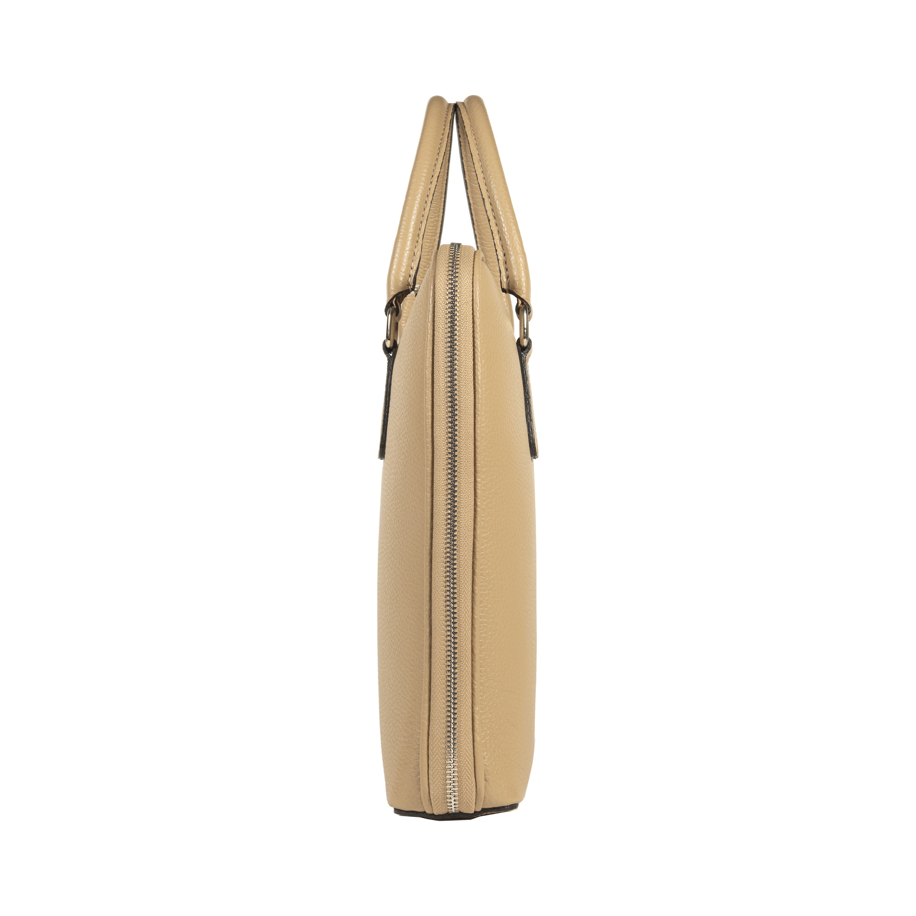 RB1019AQ | Made in Italy Genuine Leather Unisex Business Briefcase with removable shoulder strap. Polished Nickel metal snap hook attachments - Taupe color - Dimensions: cm 37 x 29 x 6.5-3