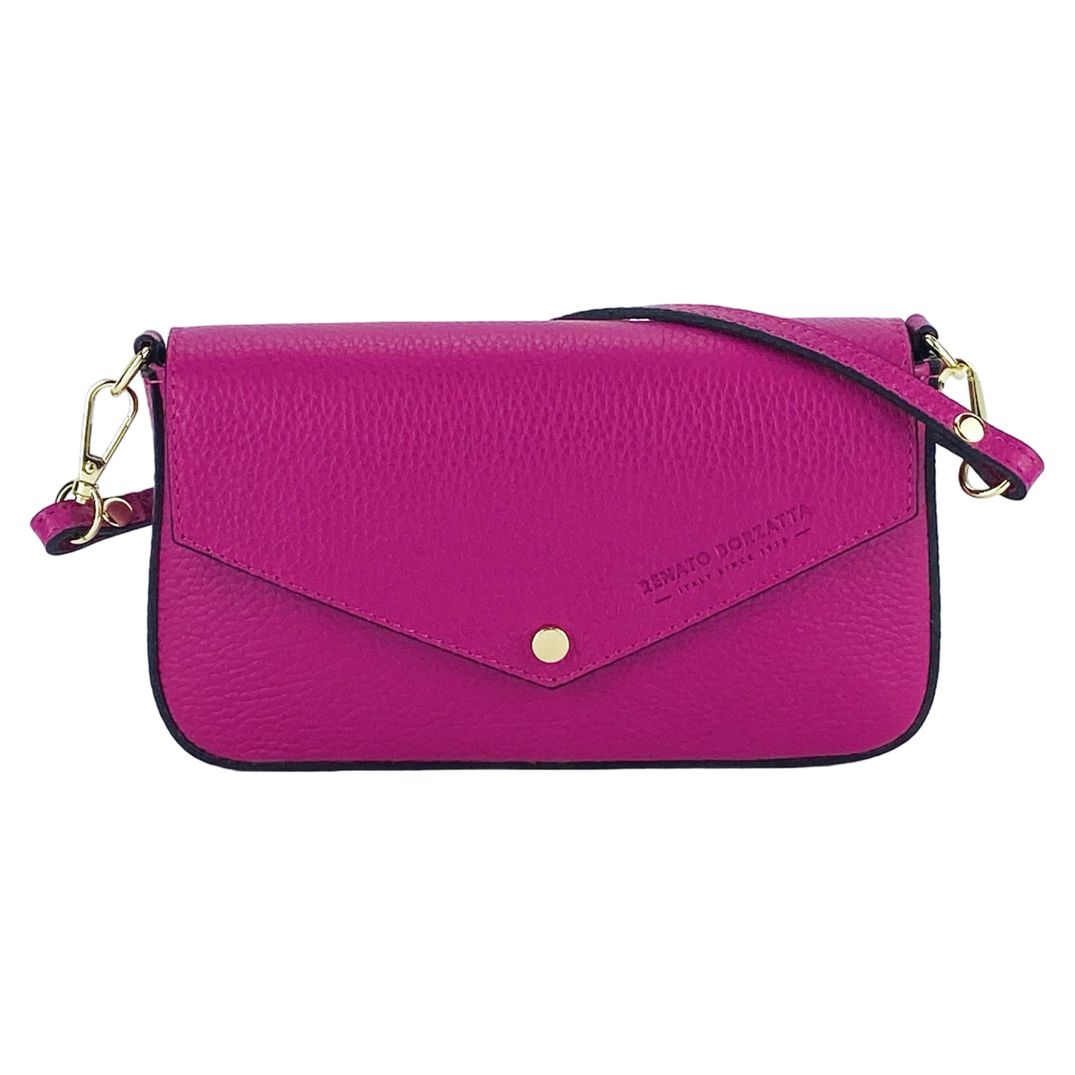 RB1023BE | Small Shoulder Bag with Removable Chain Strap in Genuine Leather Made in Italy. Flap Closure. Shiny Gold metal hardware - Fuxia color - Dimensions: 22 x 12 x 3 cm.-1