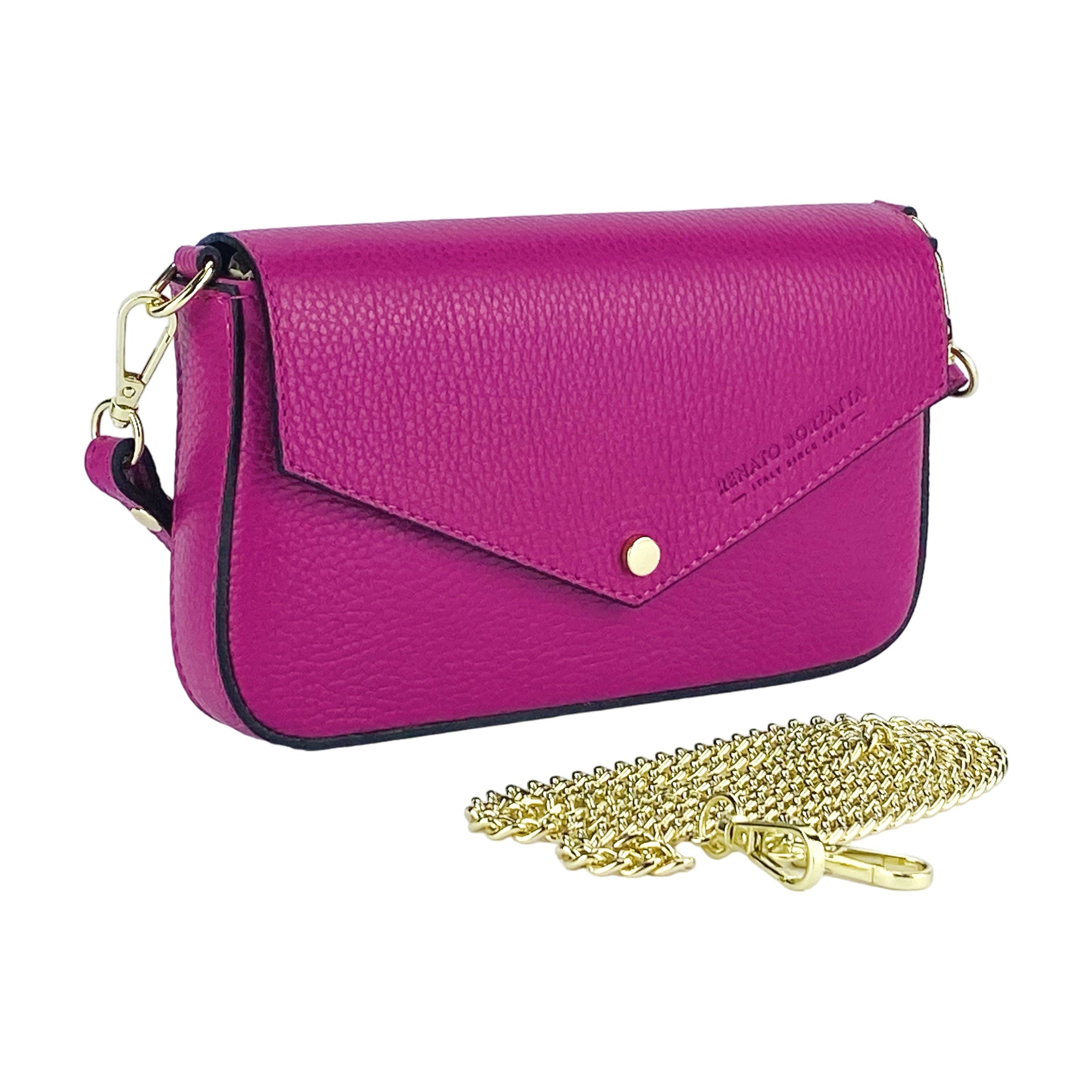 RB1023BE | Small Shoulder Bag with Removable Chain Strap in Genuine Leather Made in Italy. Flap Closure. Shiny Gold metal hardware - Fuxia color - Dimensions: 22 x 12 x 3 cm.-2