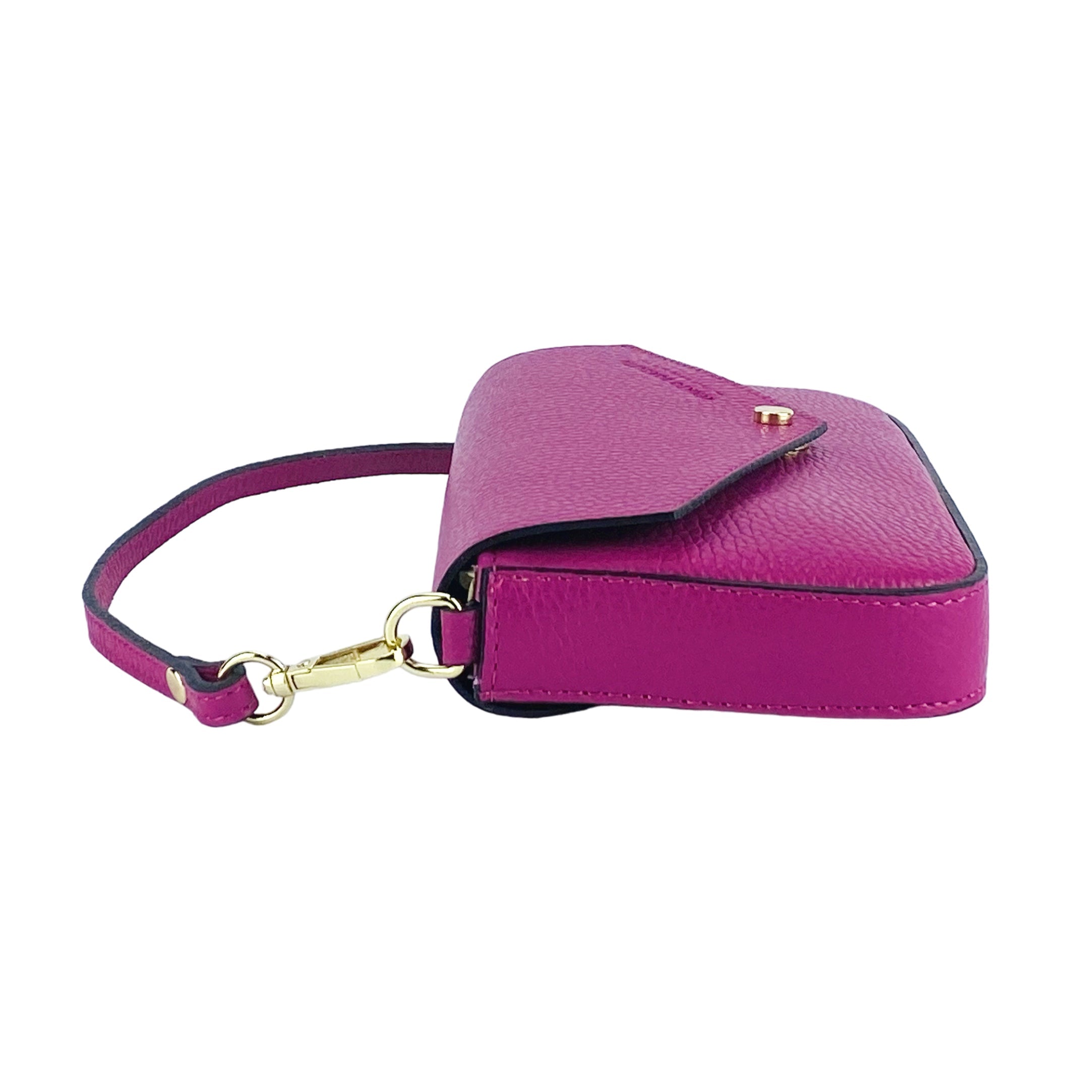 RB1023BE | Small Shoulder Bag with Removable Chain Strap in Genuine Leather Made in Italy. Flap Closure. Shiny Gold metal hardware - Fuxia color - Dimensions: 22 x 12 x 3 cm.-3