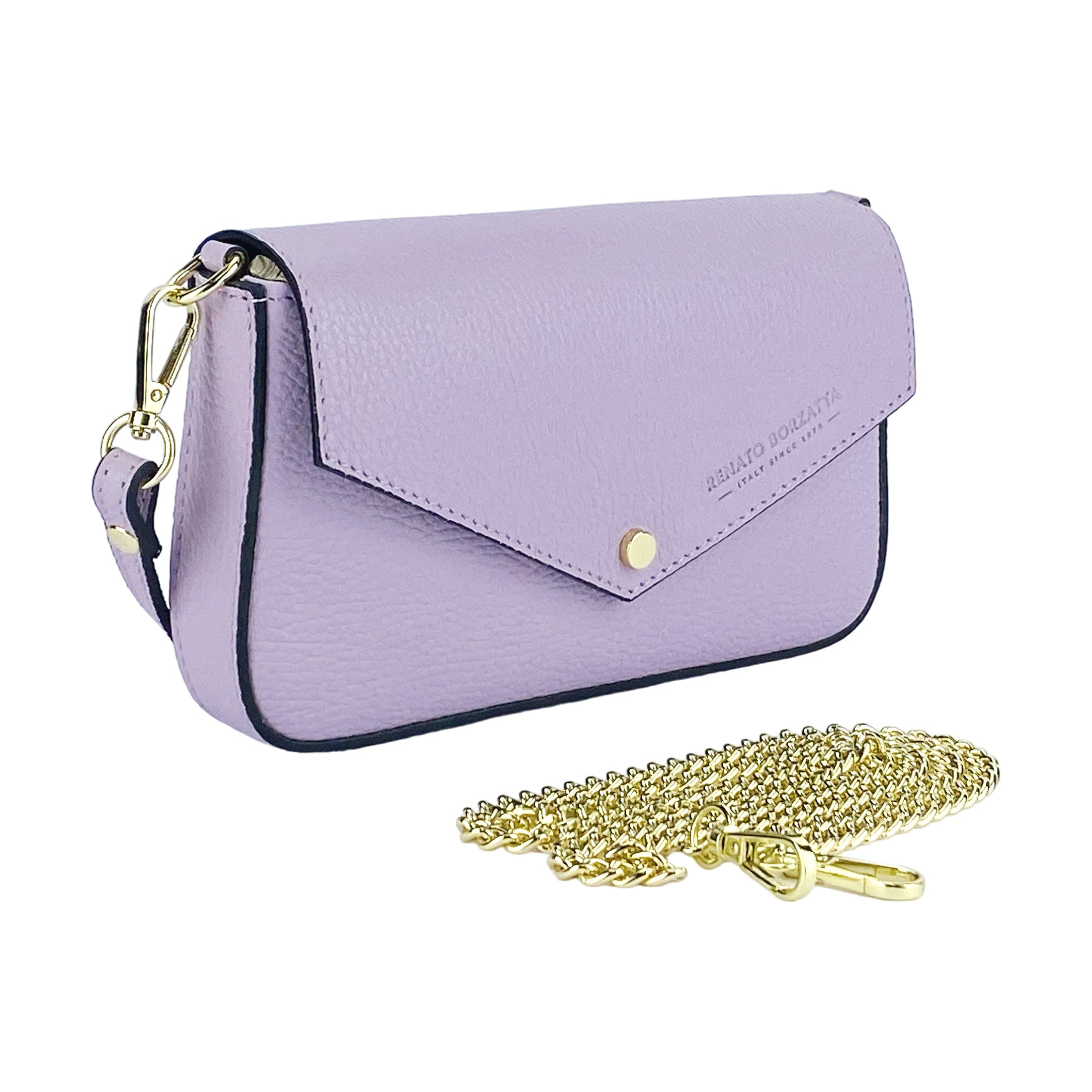 RB1023CI | Small Shoulder Bag with Removable Chain Strap in Genuine Leather Made in Italy. Closure flap - Lilac color - Dimensions: 22 x 12 x 3 cm.-2