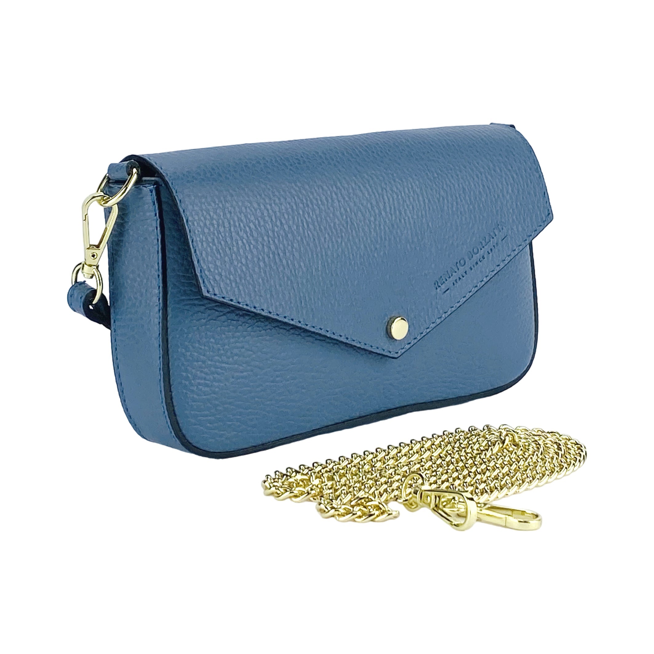 RB1023P | Small Shoulder Bag with Removable Chain Strap in Genuine Leather Made in Italy. Flap Closure. Shiny Gold metal hardware - Avio color - Dimensions: 22 x 12 x 3 cm.-2