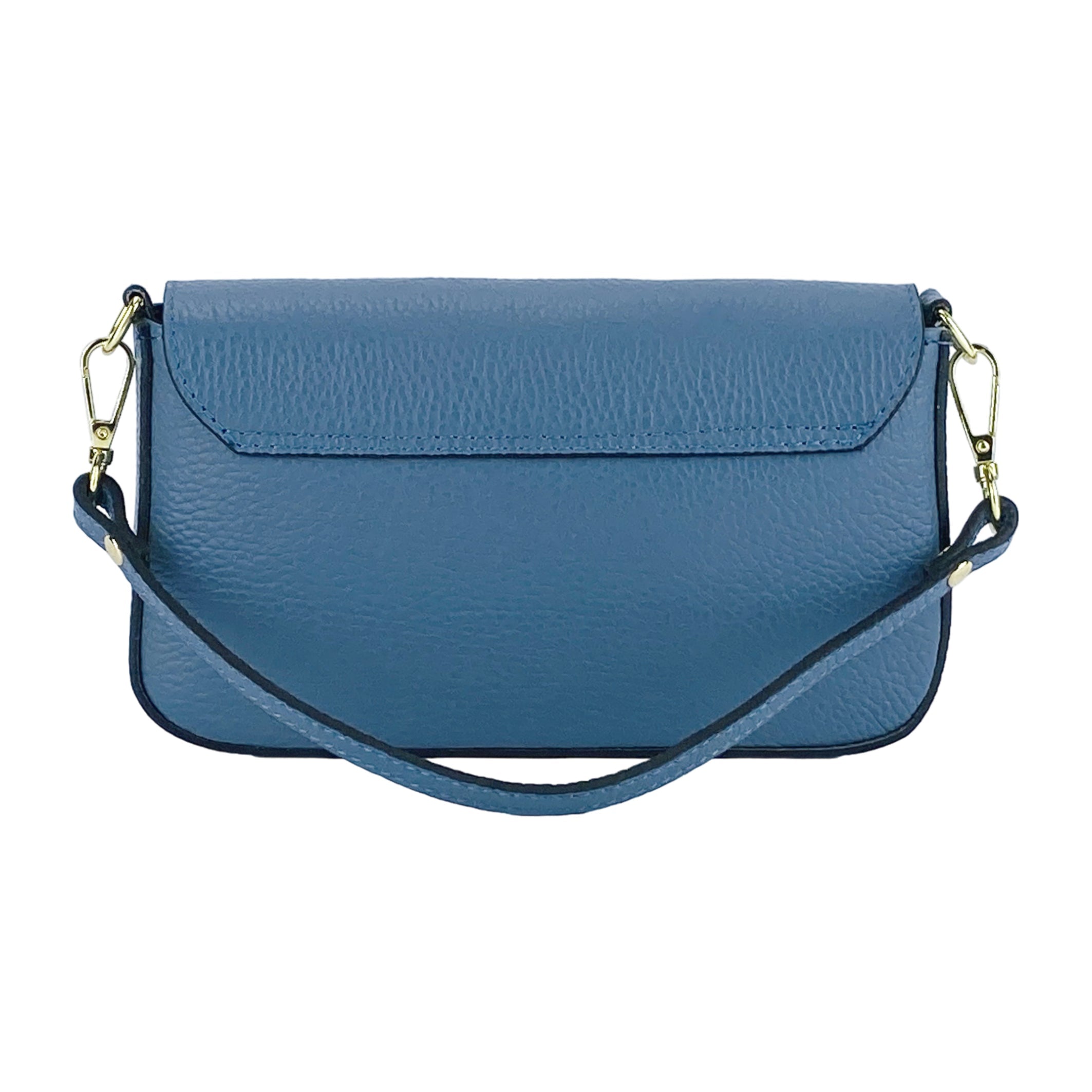 RB1023P | Small Shoulder Bag with Removable Chain Strap in Genuine Leather Made in Italy. Flap Closure. Shiny Gold metal hardware - Avio color - Dimensions: 22 x 12 x 3 cm.-4