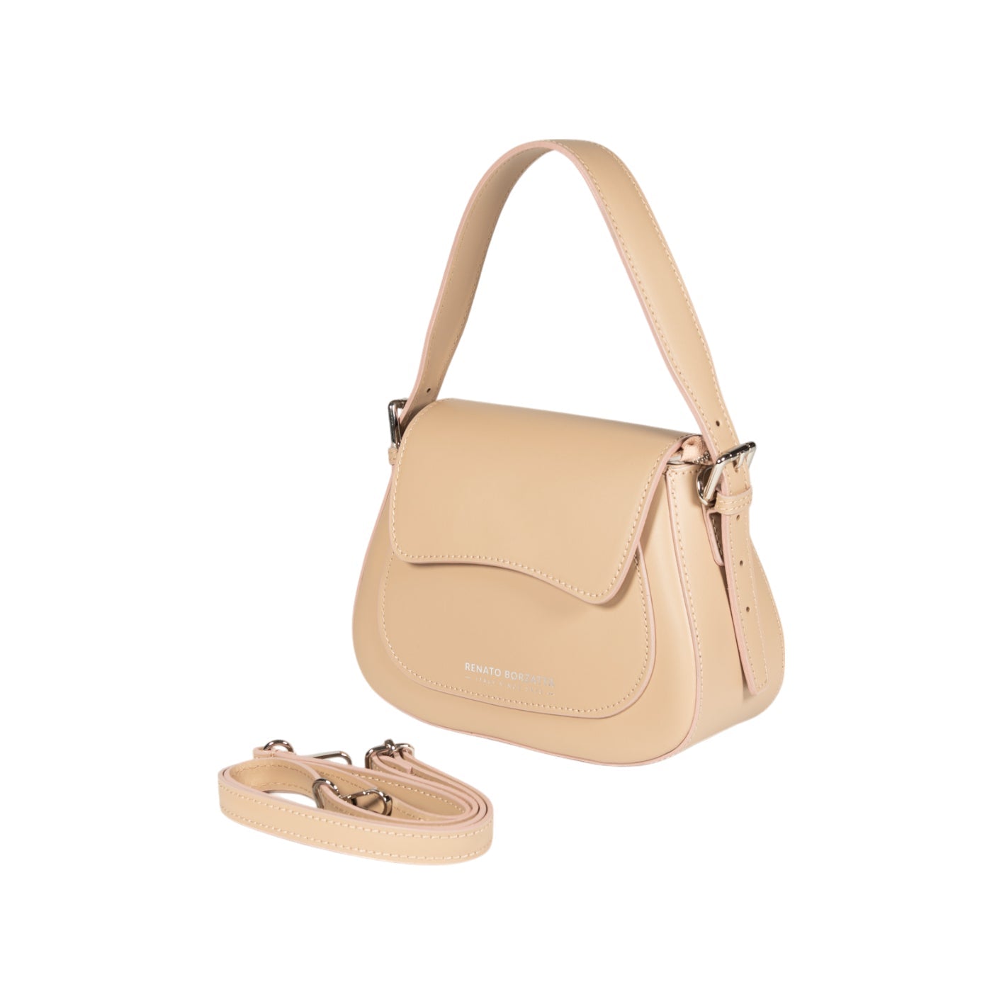 RB1030AL | EMMA Women's Shoulder Bag with flap in Genuine Leather Made in Italy. Shiny Silver metal hardware - Beige color - Dimensions: 24 x 18 x 9 cm + 14.5 (Handle light)-1
