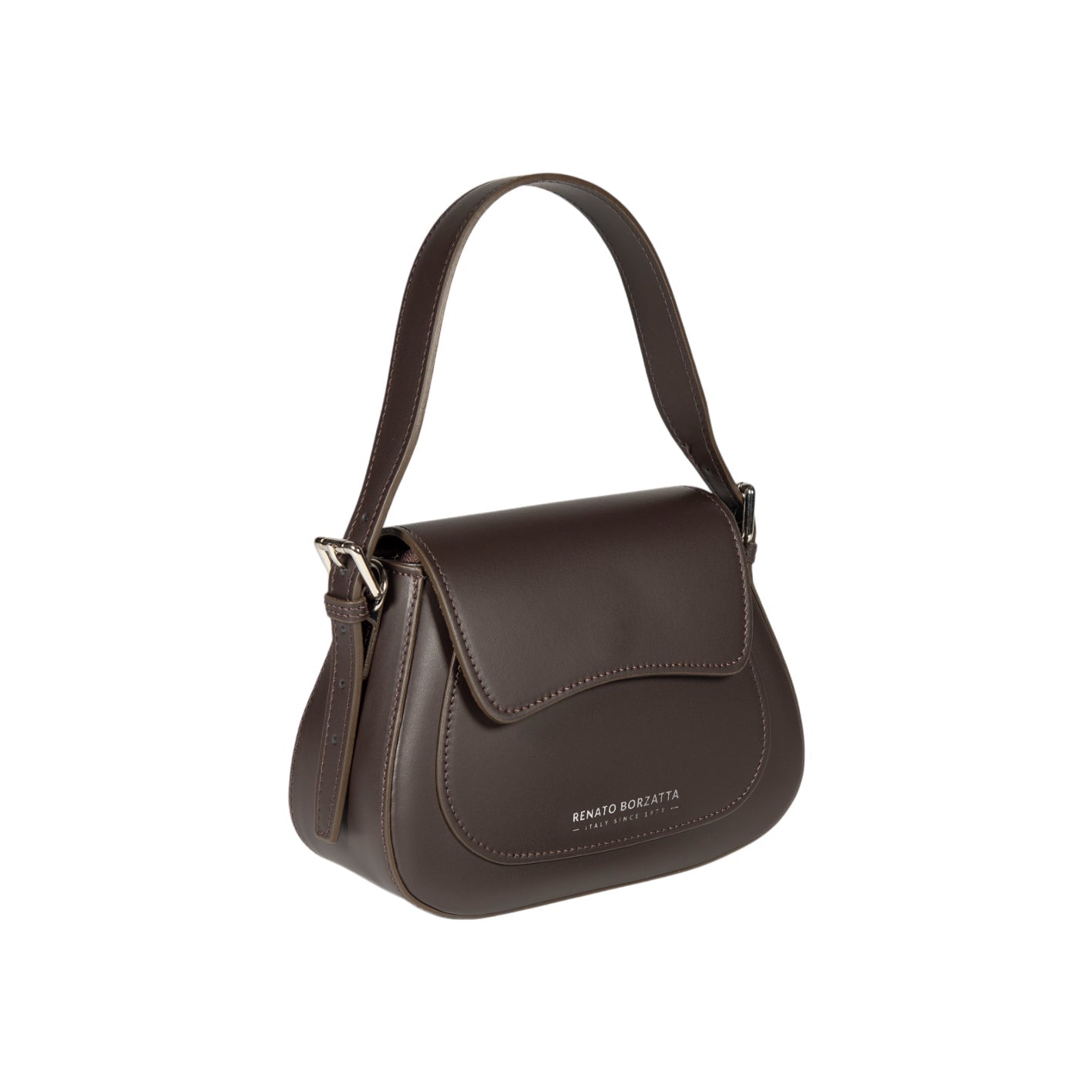 RB1030B | EMMA Women's Shoulder Bag with flap in Genuine Leather Made in Italy. Polished Silver metal hardware - Dark Head color - Dimensions: 24 x 18 x 9 cm + 14.5 (Handle light)-4
