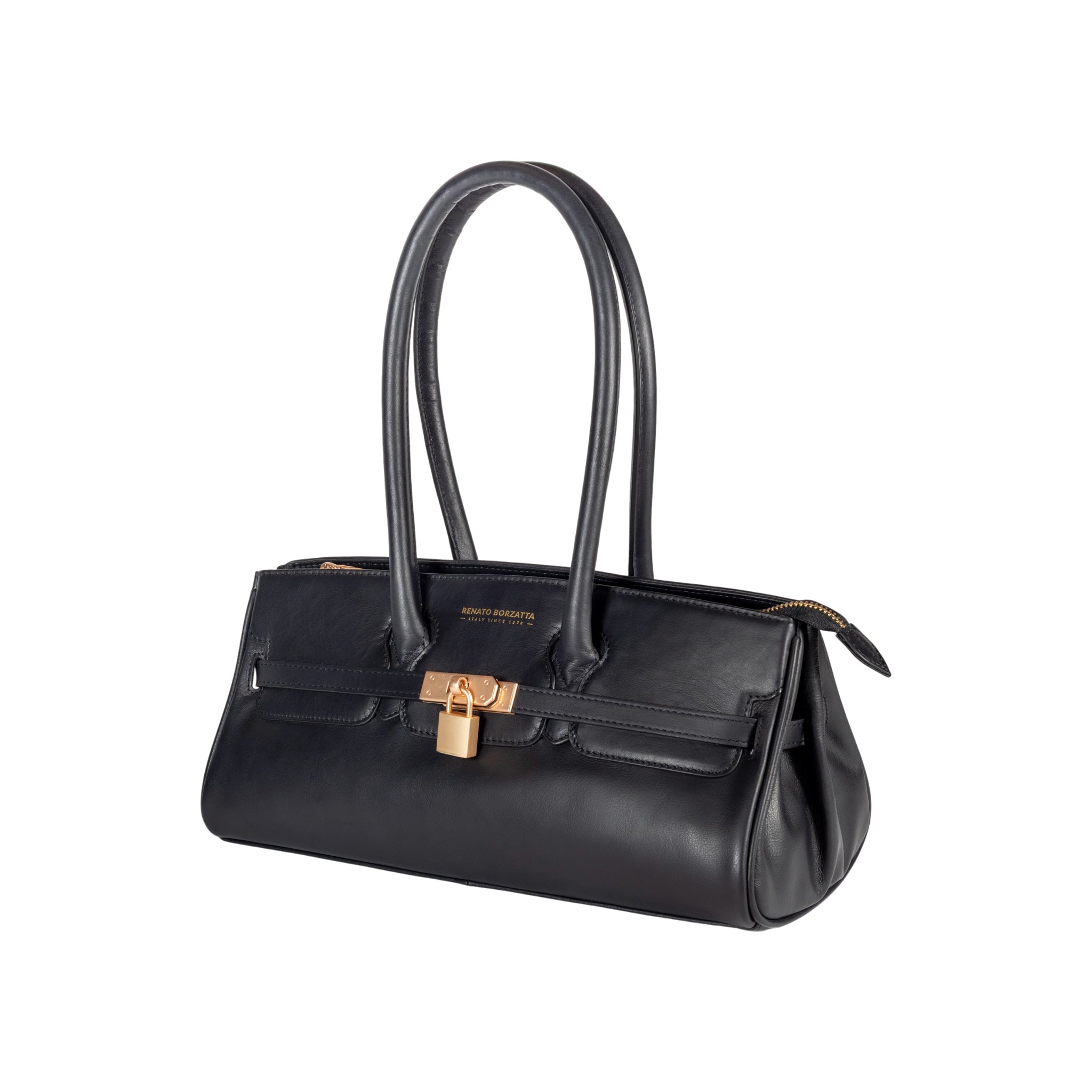 RB1033A | ARIANNA Women's Shoulder Bag in Soft Genuine Sauvage Leather Made in Italy. Matte Gold Metal Accessories. Color: Black. Dimensions: 34 x 15 x 16 + 20 cm (handle drop)-1