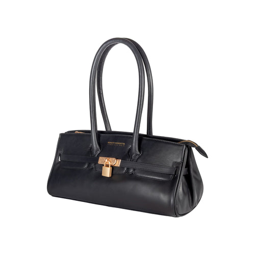 RB1033A | ARIANNA Women's Shoulder Bag in Soft Genuine Sauvage Leather Made in Italy. Matte Gold Metal Accessories. Color: Black. Dimensions: 34 x 15 x 16 + 20 cm (handle drop)-1