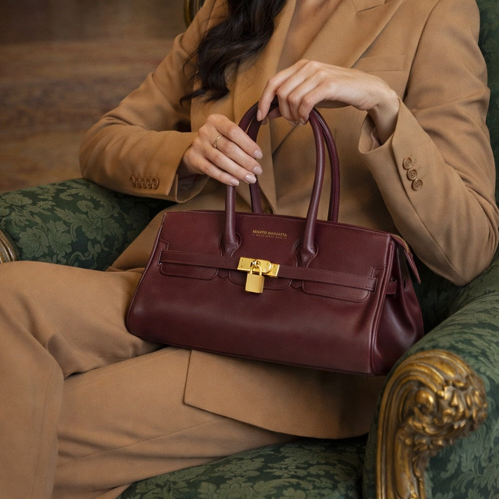 RB1033X | ARIANNA Women's Shoulder Bag in Soft Genuine Sauvage Leather Made in Italy. Matte Gold Metal Accessories. Bordeaux Color. Dimensions: 34 x 15 x 16 + 20 cm (Handle Drop)-3