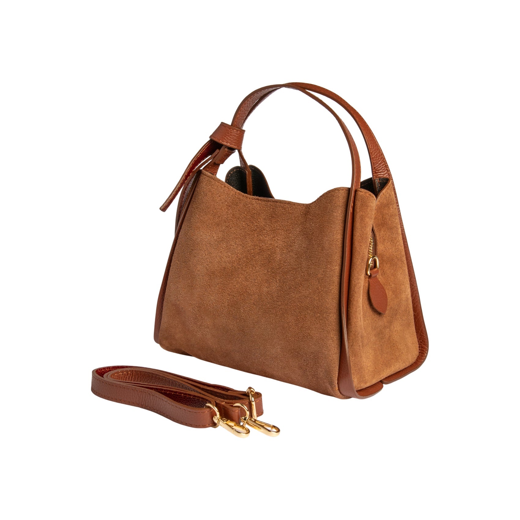 RB1035BI | ALICE Women's Handbag in Genuine Suede, Made in Italy. Polished Gold Metal Hardware. Chestnut Color. Dimensions: 26 x 20 x 15 + 12 cm (Handle Drop)-1