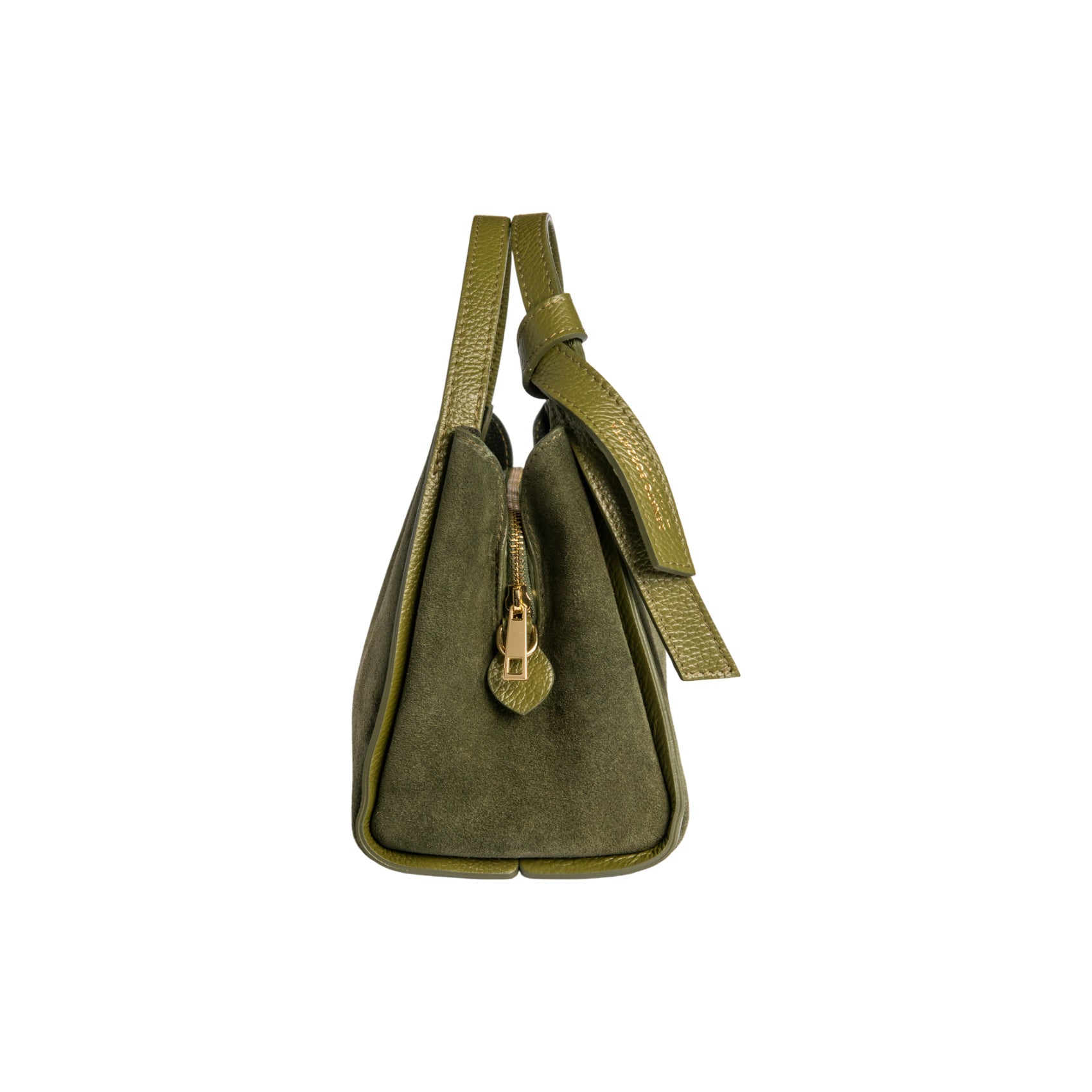 RB1035CR | ALICE Women's Handbag in Genuine Suede, Made in Italy. Polished Gold Metal Hardware. Forest Color. Dimensions: 26 x 20 x 15 + 12 cm (Handle Drop)-3