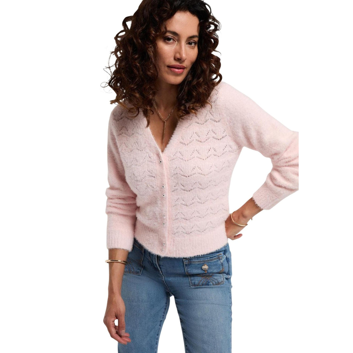 Morgan De Toi rosa stickad kofta med geometriskt mönster