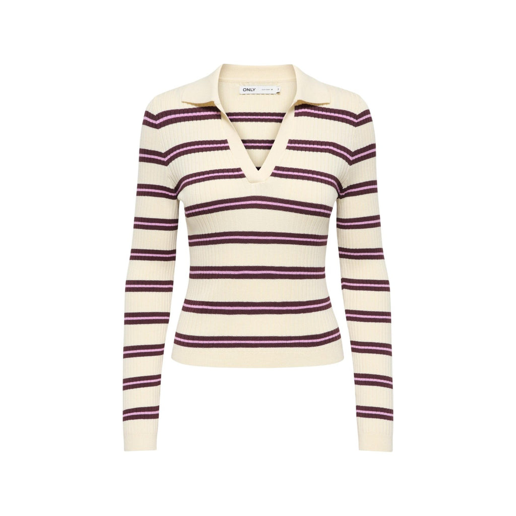 ONLY ONLKAYA LS STRIPE POLO KNT NOOS beige stickad tröja med V-ringning