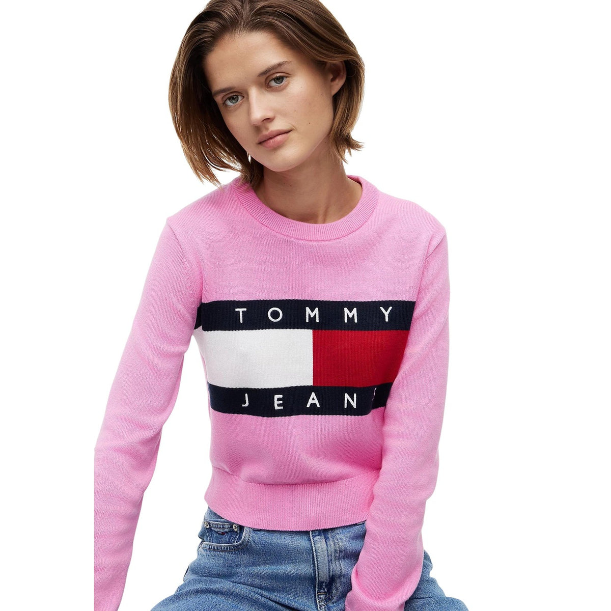 Tommy Jeans rosa stickad tröja med logotyp
